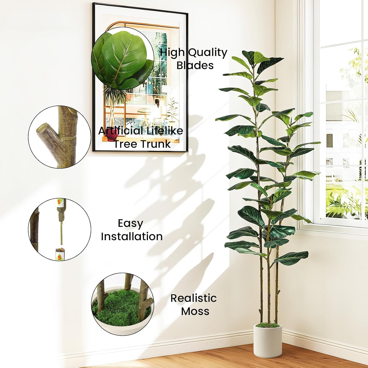 6FT Artificial Fiddle Leaf Fig Tree with White Planter Pot, 6 feet Tall Fake