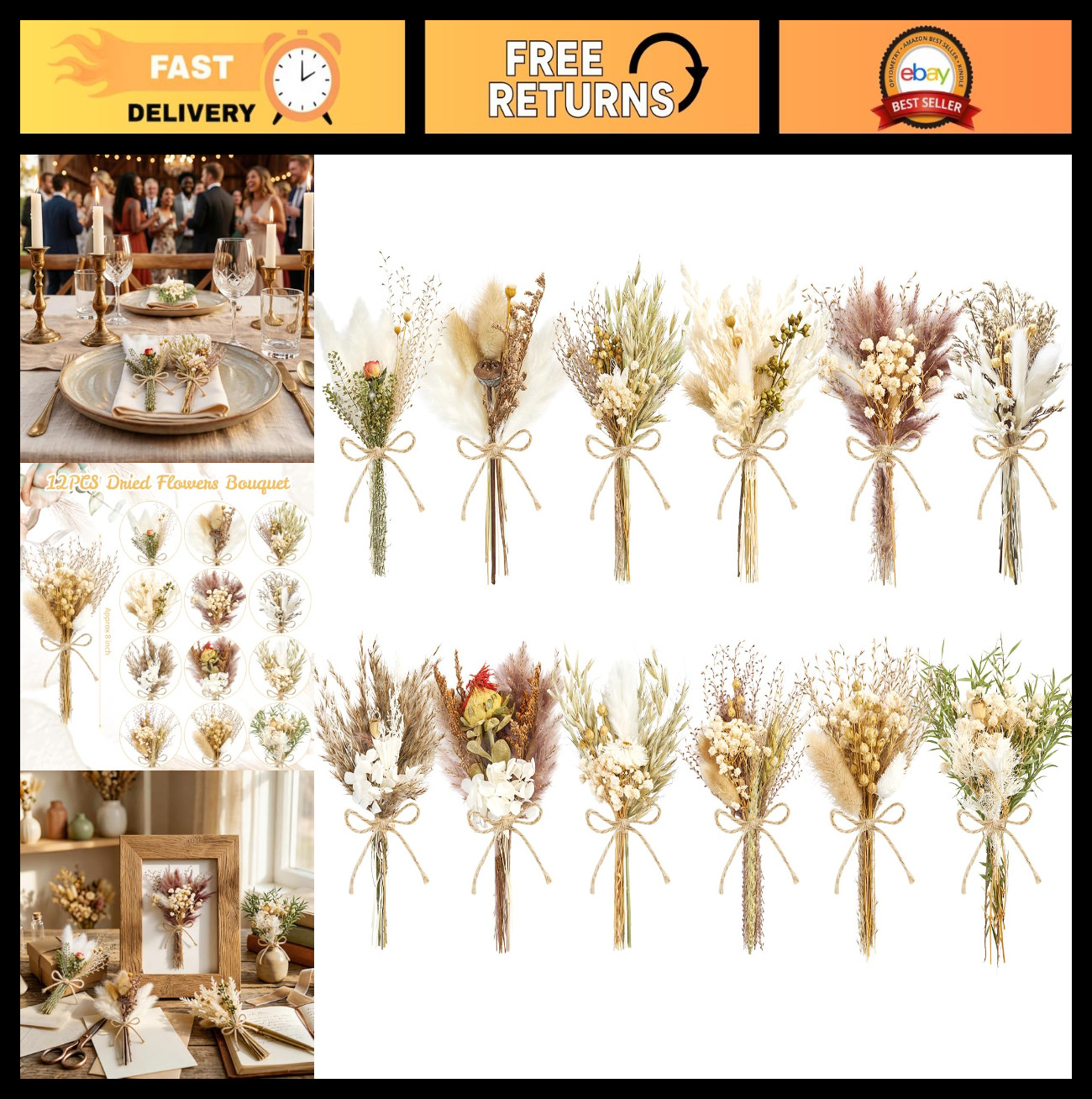12/24PCS Mini Dried Flower Bouquets – Natural Wildflowers for Vase Decor, Weddin