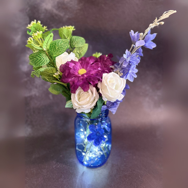 Purple White Rose Faux Floral Arrangement Blue Mason Jar LED Lights Home Decor