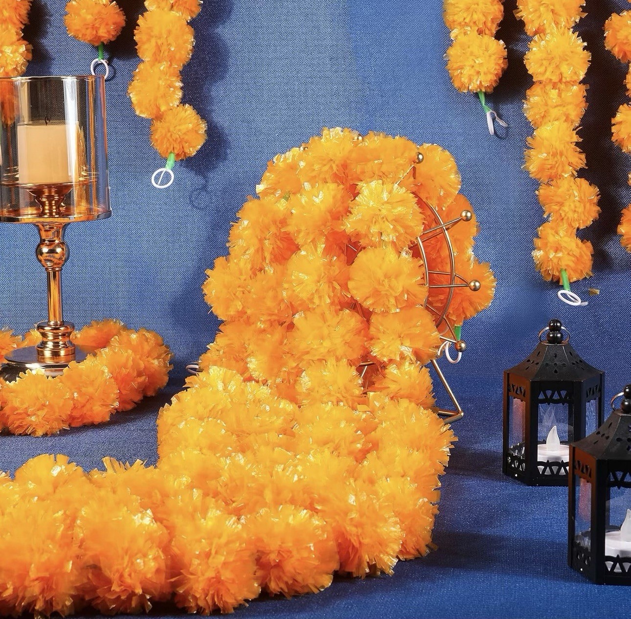 50 Pcs Artificial Marigold Flower Garland 5 Feet Long Indian Wedding Decor Orang
