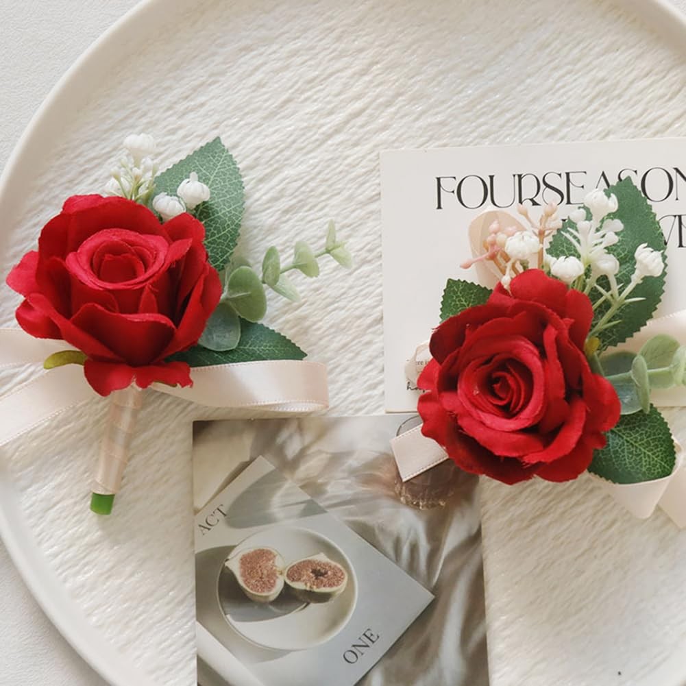 Red Wrist Corsage And Boutonniere Set Artificial Rose Groom Groomsmen Event