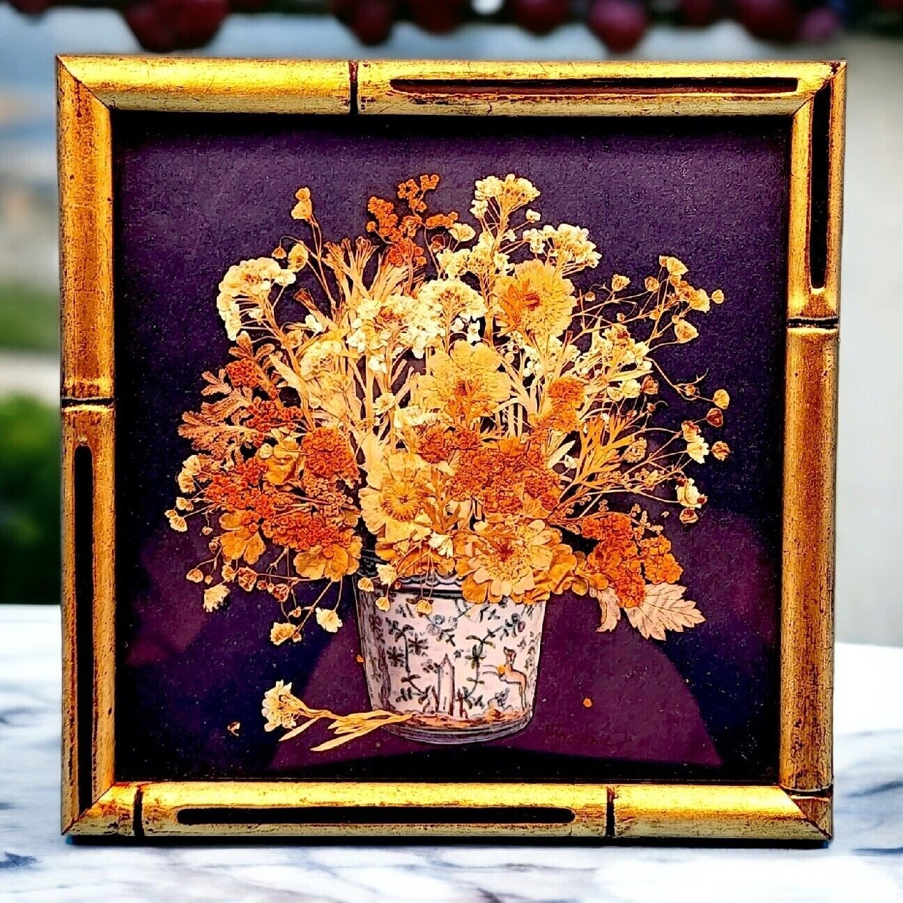 Garden Flowers of Summertime Pressed Flower Botanical Art Faux Bamboo Frame v1