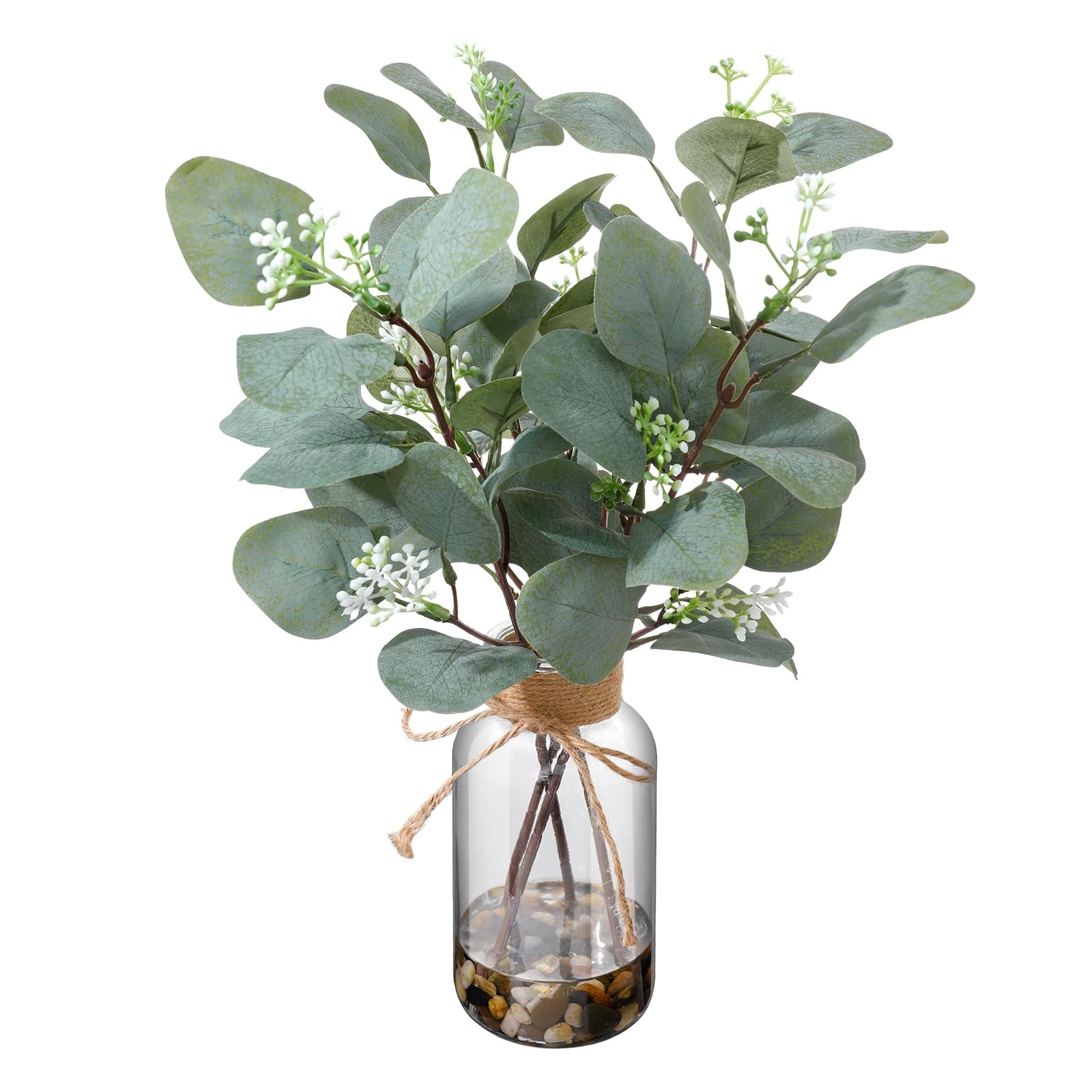 15.74” Artificial Eucalyptus Stems in Glass Vase with Faux Water & Natural St…
