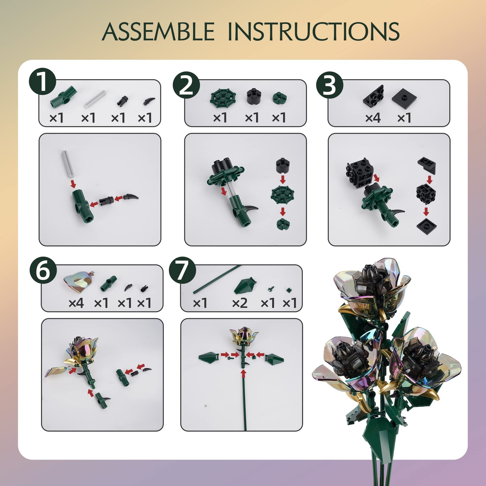Rose Flower Bouquet Building Set,Botanical Collection Rainbow Artificial Plan…