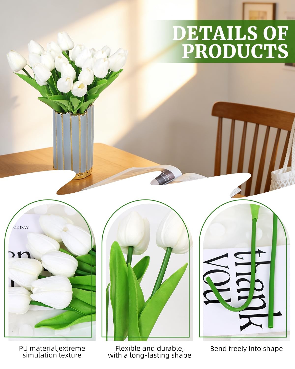 25 PCS White Artificial Tulips PU Faux Flowers Real Touch Spring Decor