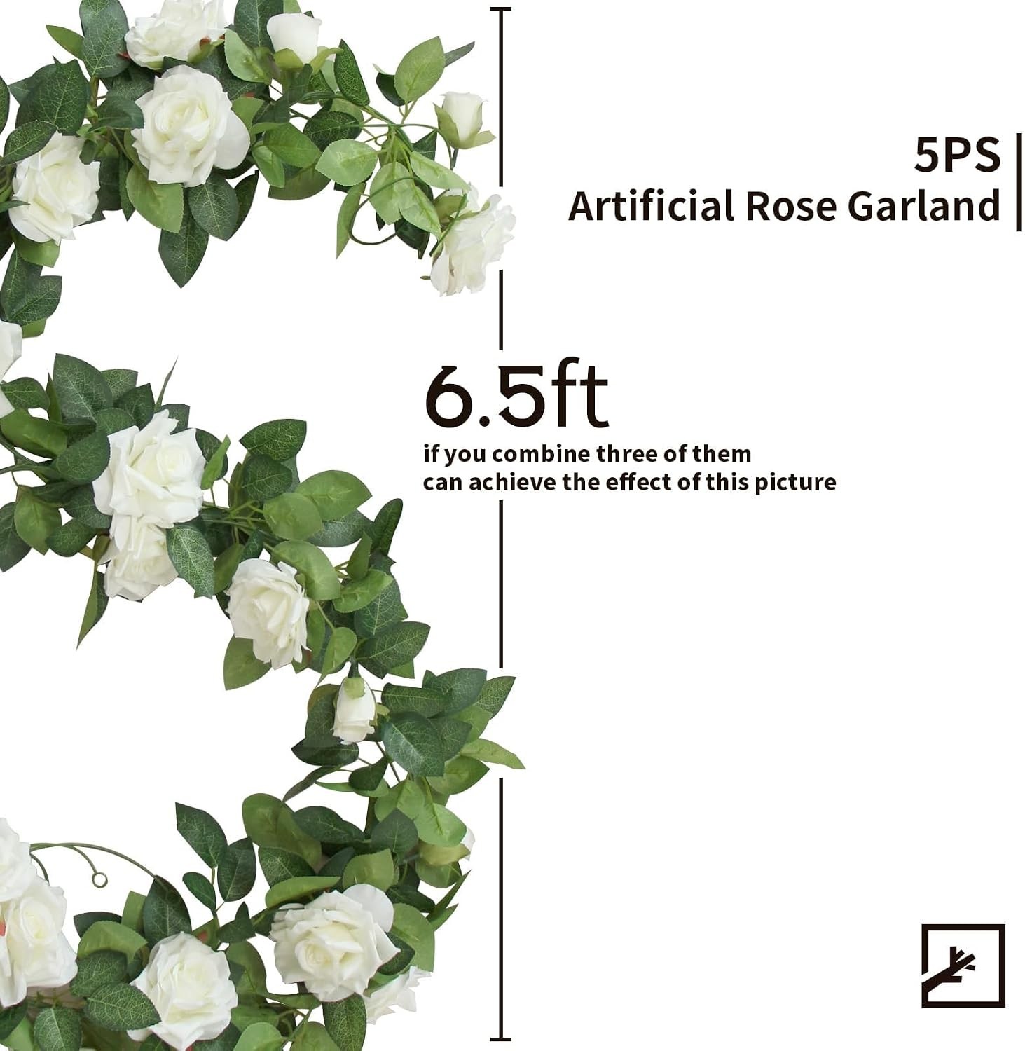5Pcs 32.5FT Flower Garland Artificial Rose Vine White Fake Silk Floral Hanging