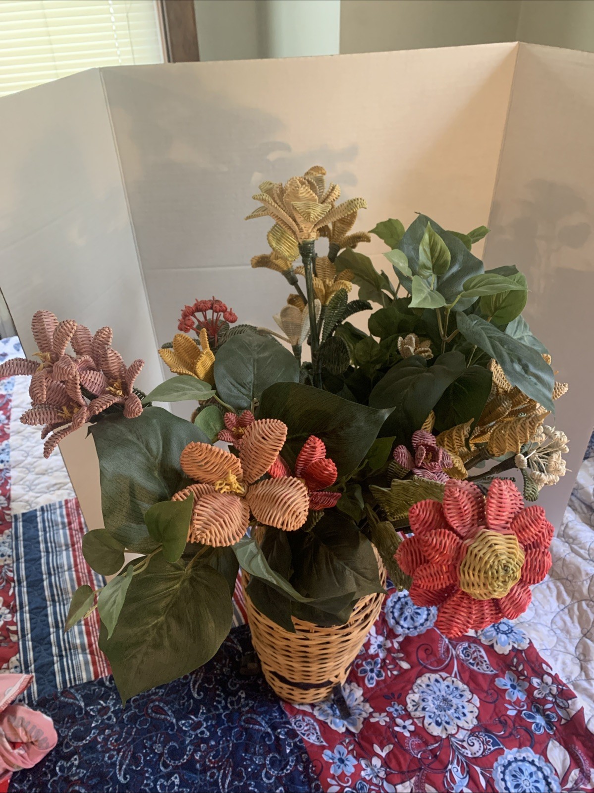 Handcrafted RARE Artificial Flowers Made of Wicker Rattan- Vintage READ