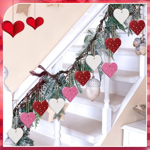 24 Pcs Valentine’s Day Heart Ornaments for Tree Wooden Pink Red White Glitter