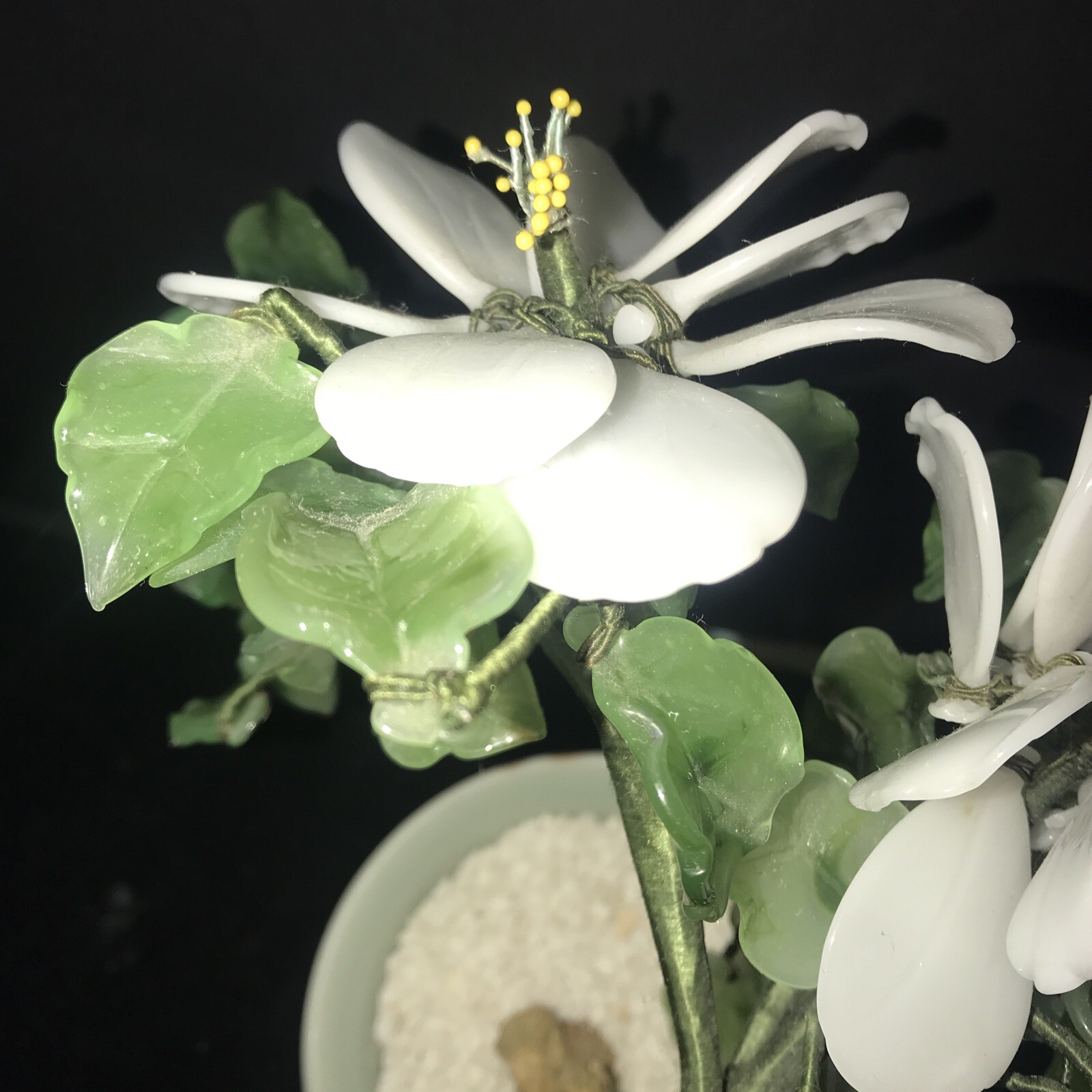Vtg Chinese Jade & Glass Bonsai Tree Large White Peony Flowers Celadon Pot MCM