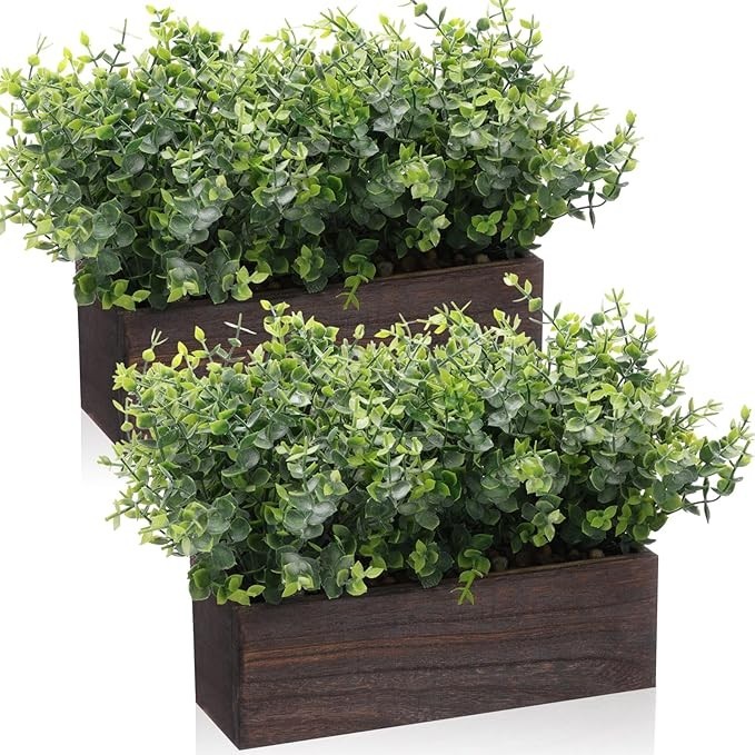 Artificial Eucalyptus Plant Set 2 Pack in Wooden Planter Box Rustic Farmhouse