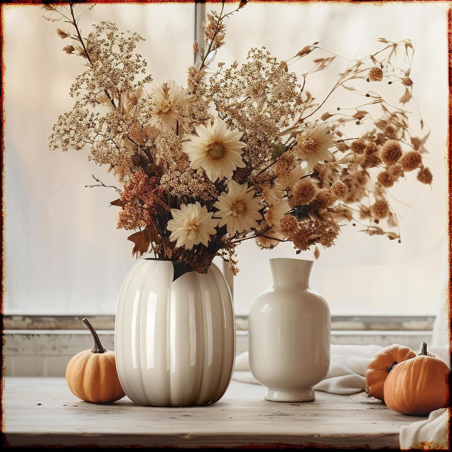 Beeveer 6.7 Inch Ceramic Pumpkin Vase Large Artificial Fake White Pumpkin Flower