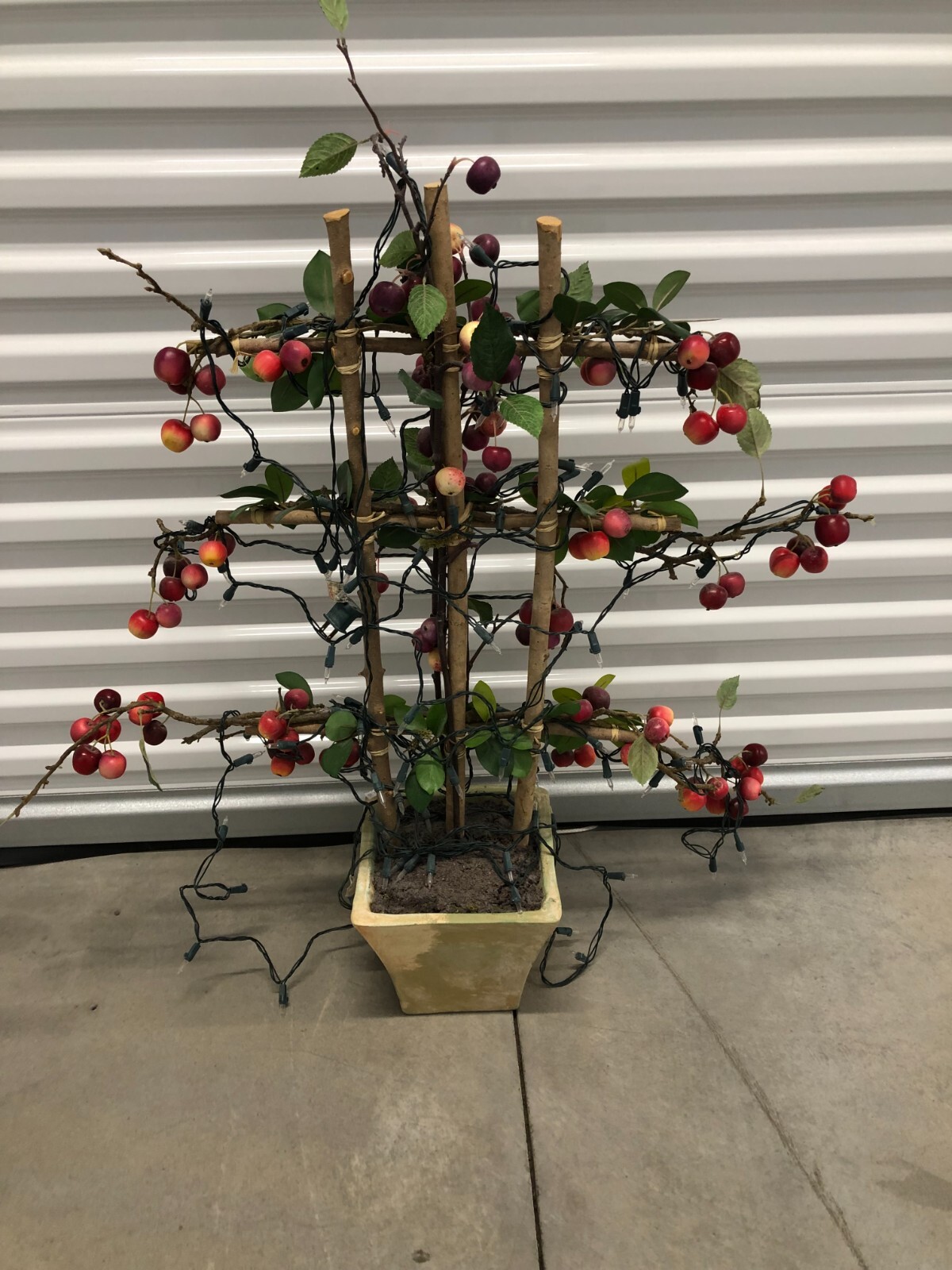 Lighted Faux Crabapple Tree on Bamboo Trellis, Decor Artificial Plant & Fruits