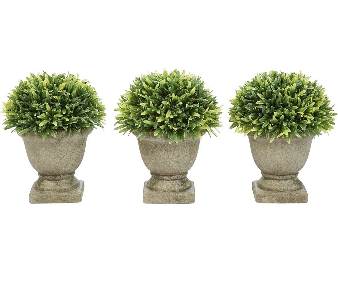 Pure Garden Set of 3 Artificial Podocarpus Grass Plant Faux Topiary Concrete Pot