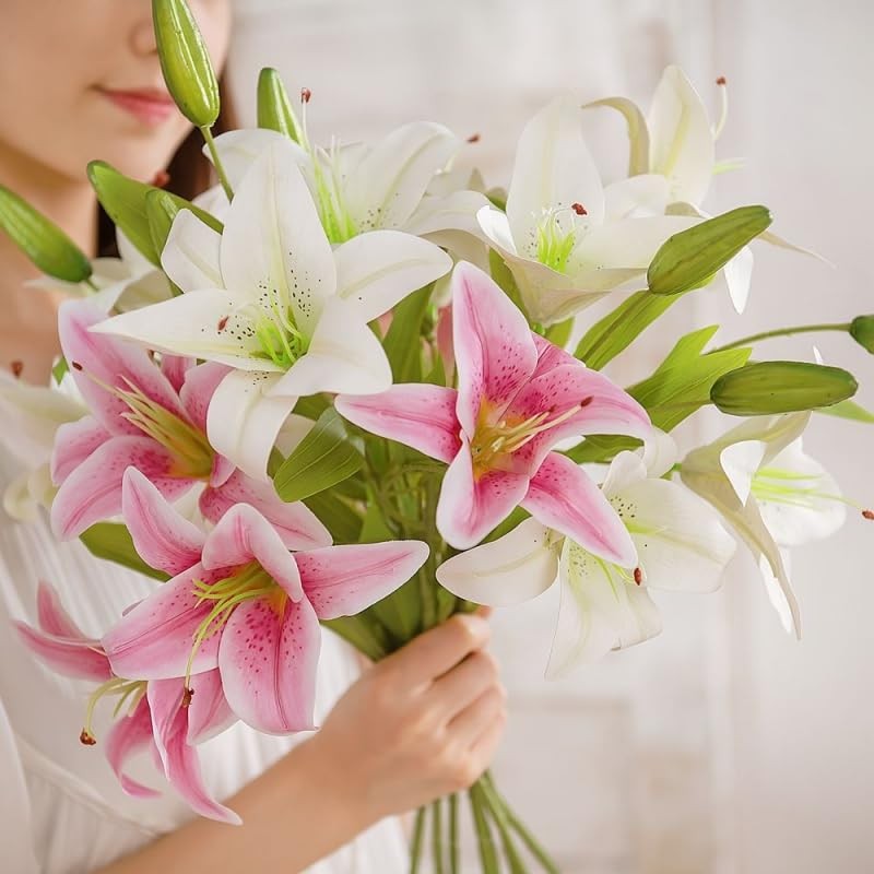 5 Pcs Artificial Lily Flowers 22.6″ Faux Silk Lily Flowers Real Touch Fake Li…
