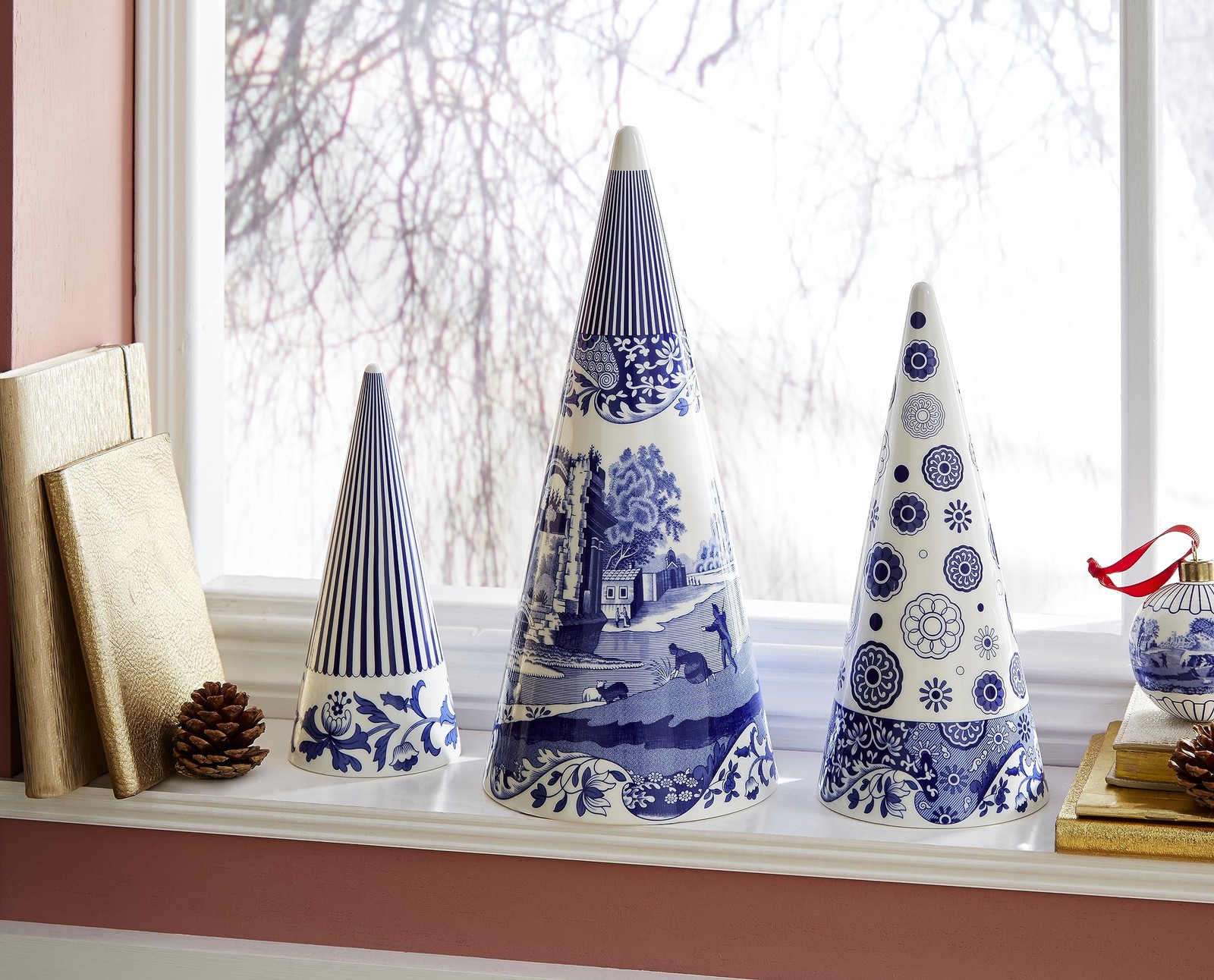 8 Inch Blue Italian Cone Shaped Topiary Decorative Porcelain Figurine