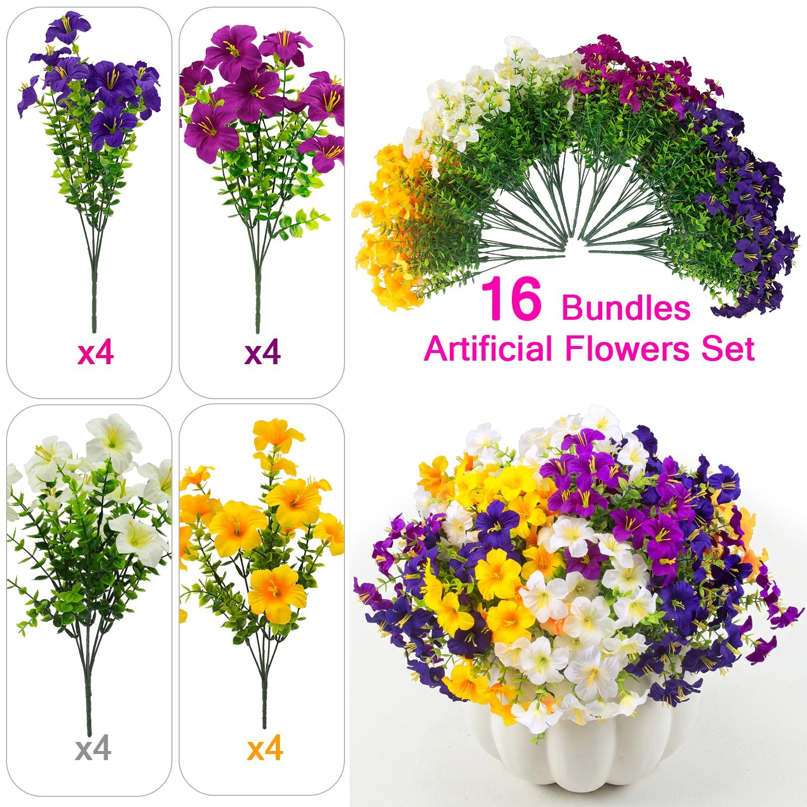 16 Pcs Faux Petunias Artificial Flowers For Outdoors, UV Resistant Fake Petun…