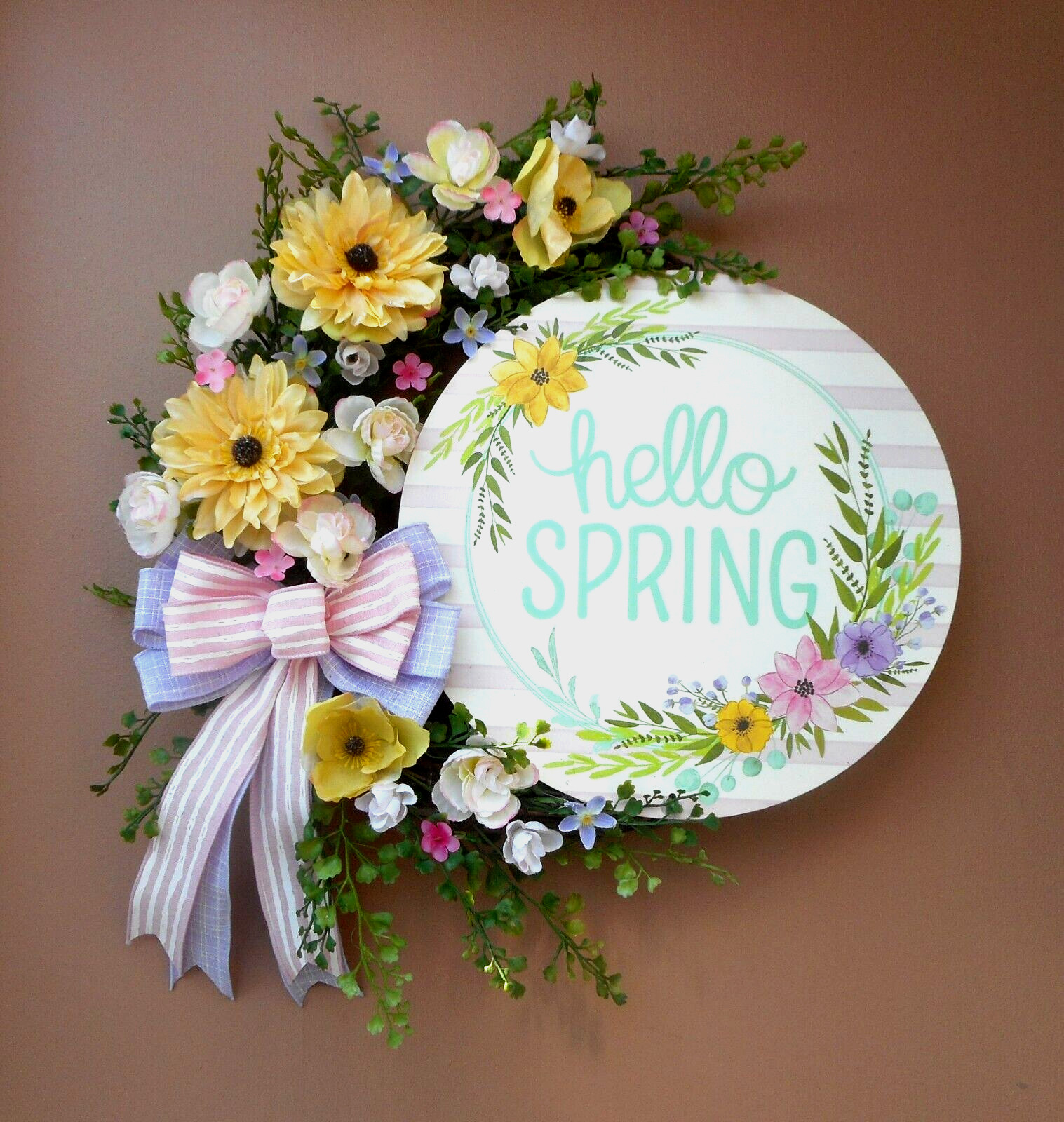 17″ Hello Spring Pink Ranunculus Yellow Dahlia Purple Floral Grapevine Wreath