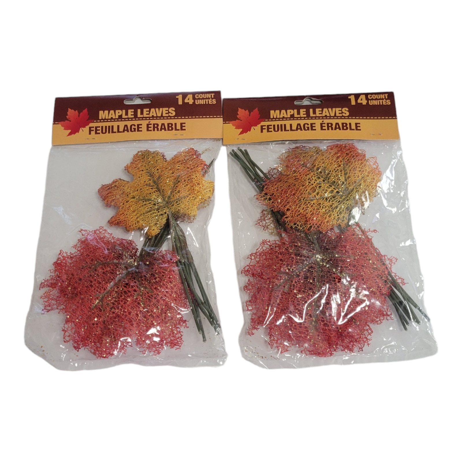Lot of 2 Autumn Mesh Maple Leaves Wire Stems Glitter Golds Yellows 14 Each Bag