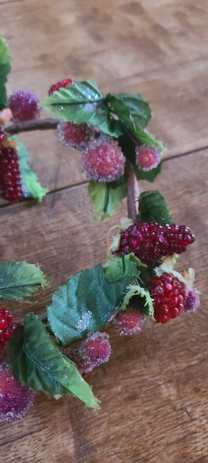 Raspberry Sugared Berries Candle Ring Christmas Holiday Winter Leaves