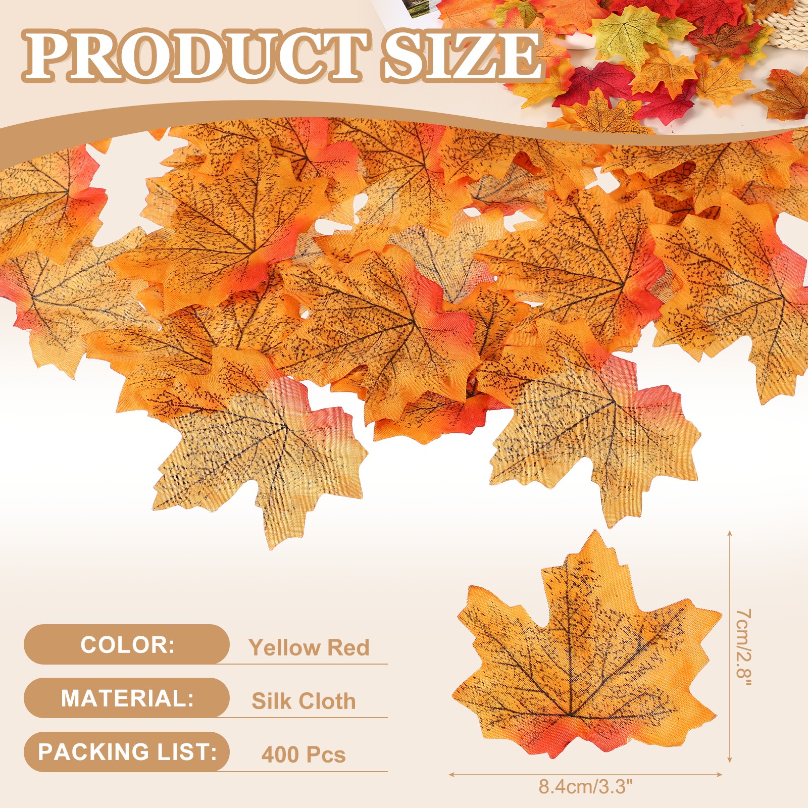 400Pcs Fall Leaves 3.3 Inch Colored Mixed Fake Leaf, Yellow Red