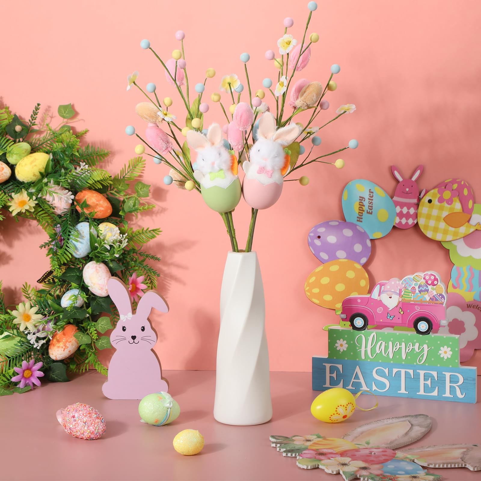 4 Pcs Easter Centerpieces for Tables Artificial Flower Spray with Velvet Eggs…