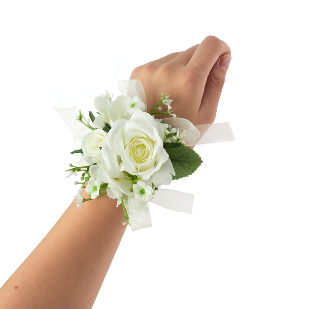 4 PCS Artificial Rose Flowers Wedding Bride Wrist Corsage Hand Floral Ivory