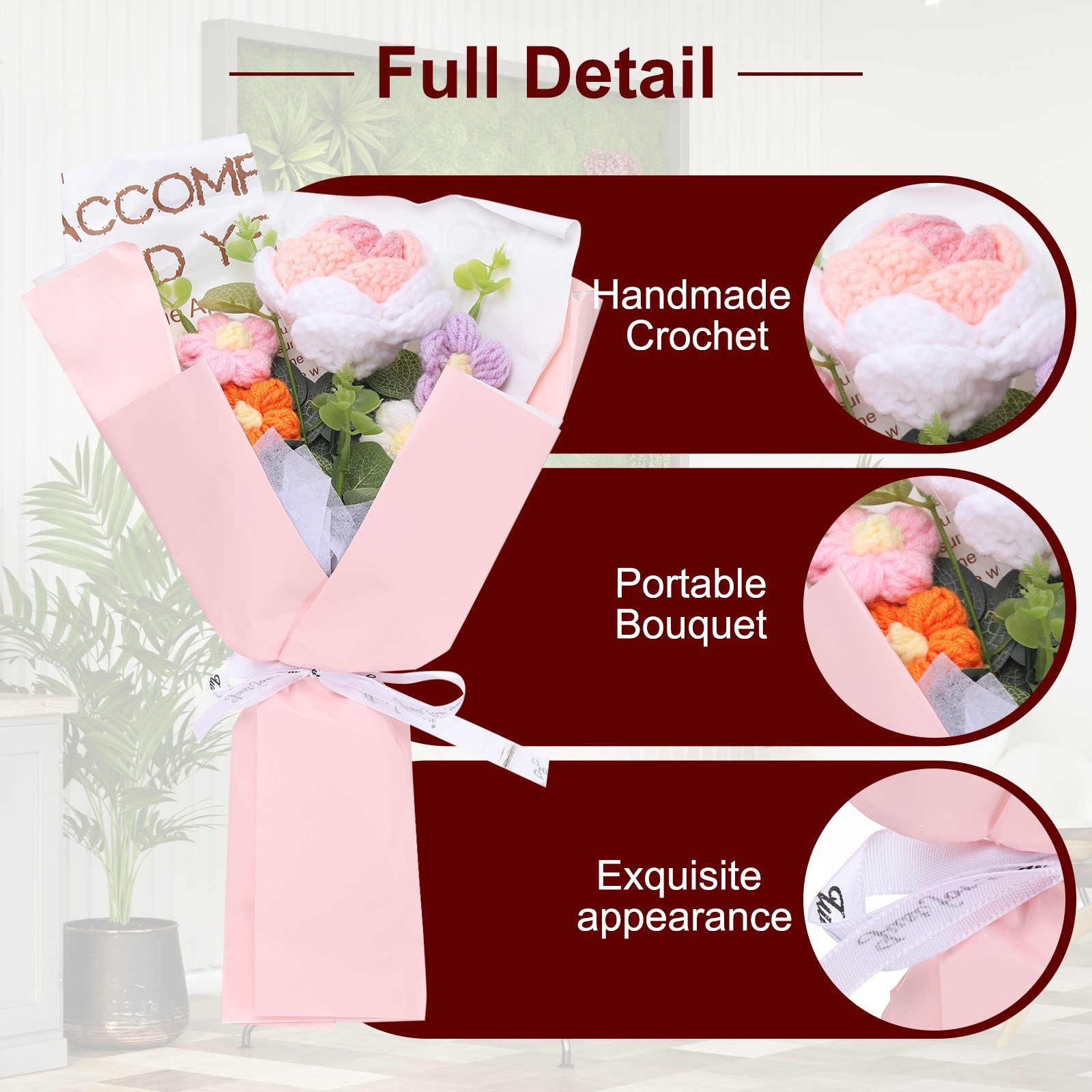 Crochet Flowers Bouquet Handmade Knitted Bouquet Rose Gradient Powder New