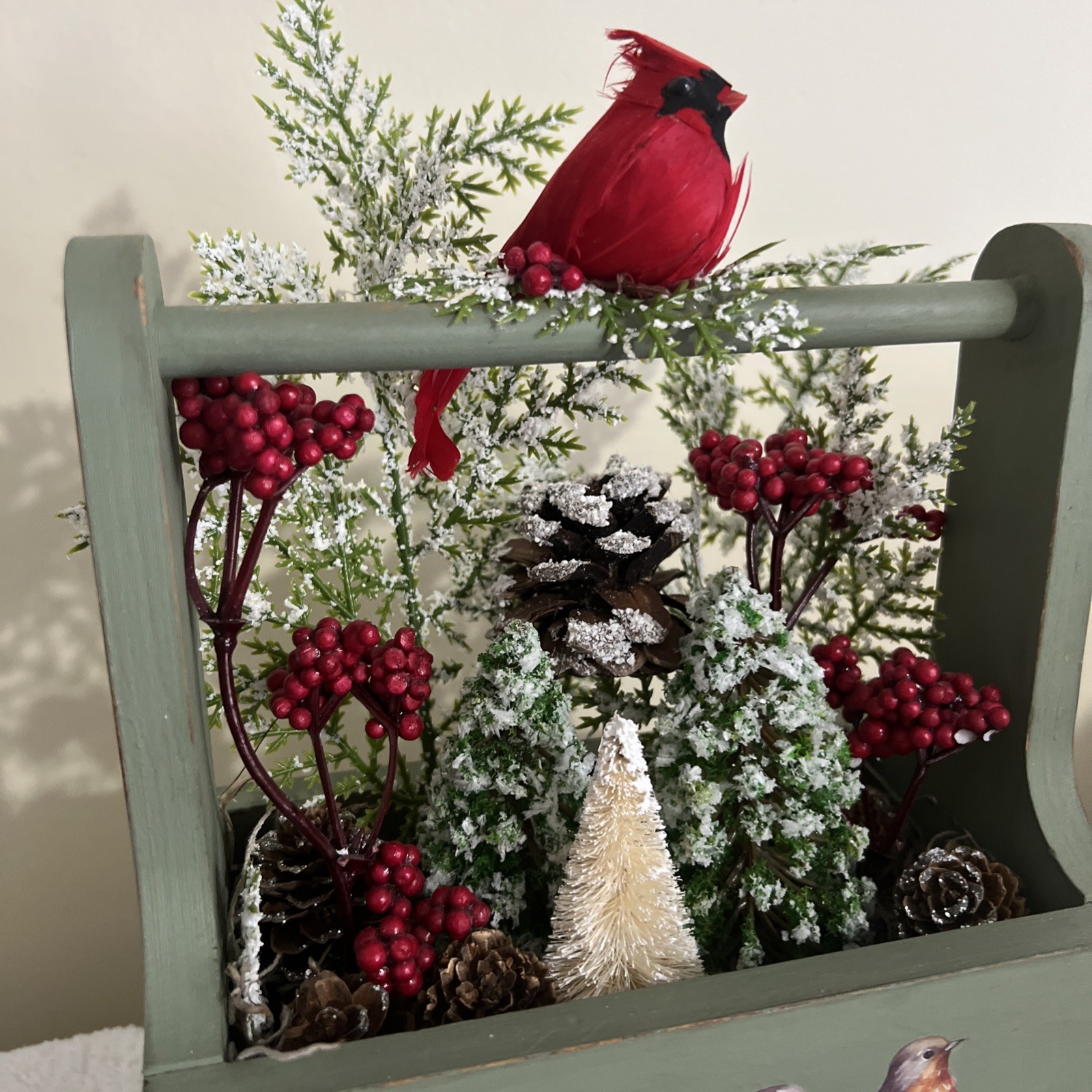 Rustic Centerpiece In Wood Box Cardinal Pinecones Winter Decor