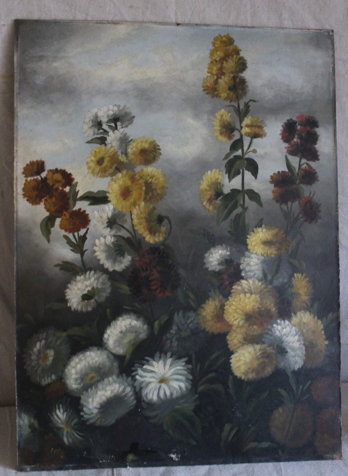 BIG GOLD GILT ORIGINAL OIL PAINTING STILL LIFE FLORAL MID CENTURY SIGNED CANVAS