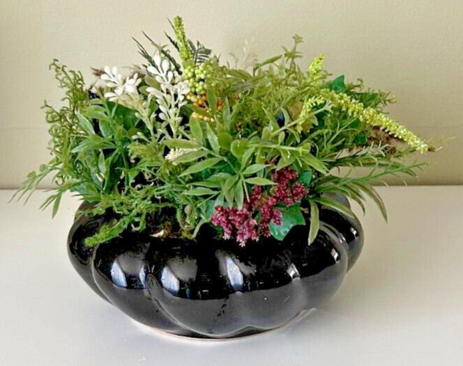 Black Bowl with Artificial Faux Greenery Decor 8x8x8