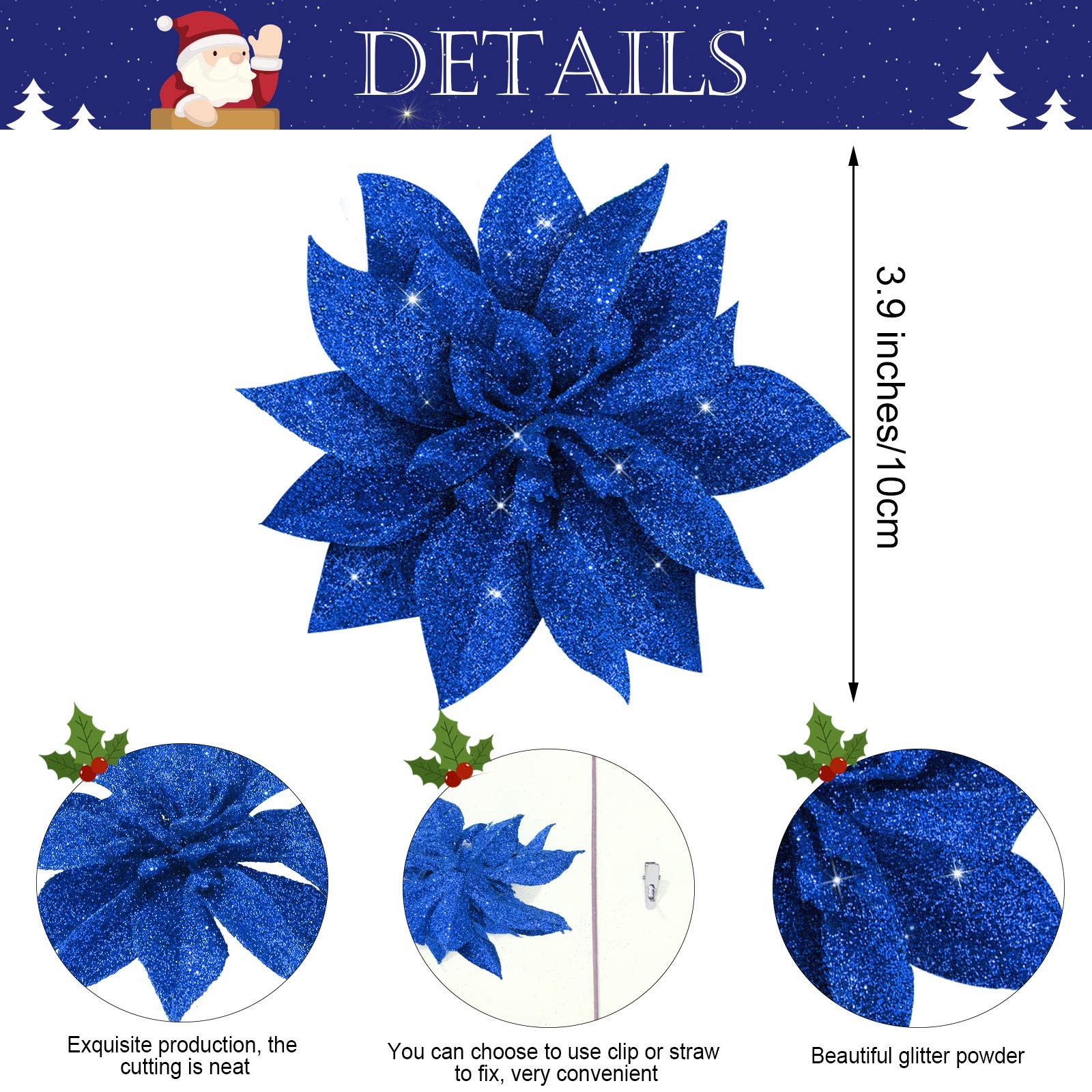 36 PCS Christmas Glitter Poinsettia Flowers Decorative Wreath 3.94 Inches Blue