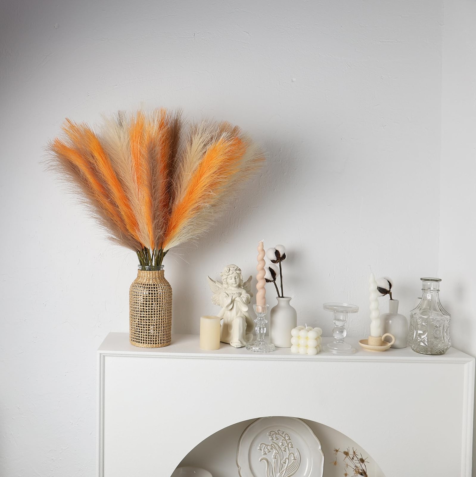 Orange Pampas Grass Decor 23 Inch 12 PCS Faux Fake Flower Living Room Vase