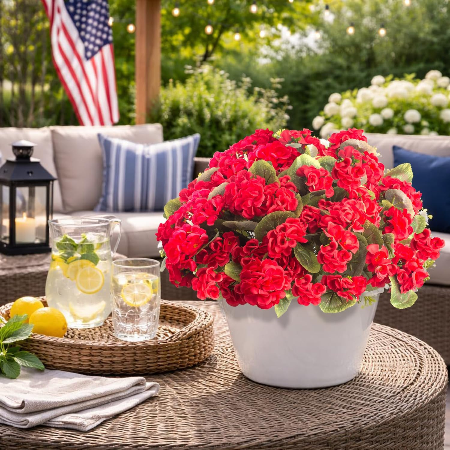 8 Bundles UV Resistant Red Geranium Flowers for Outdoor Decor – No Maintenance