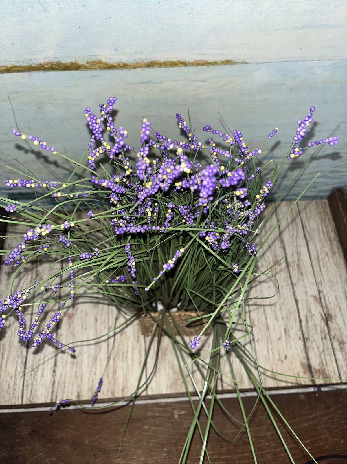 Artificial Lavender Flowers in Woven Sea Grass Basket 4”x16”