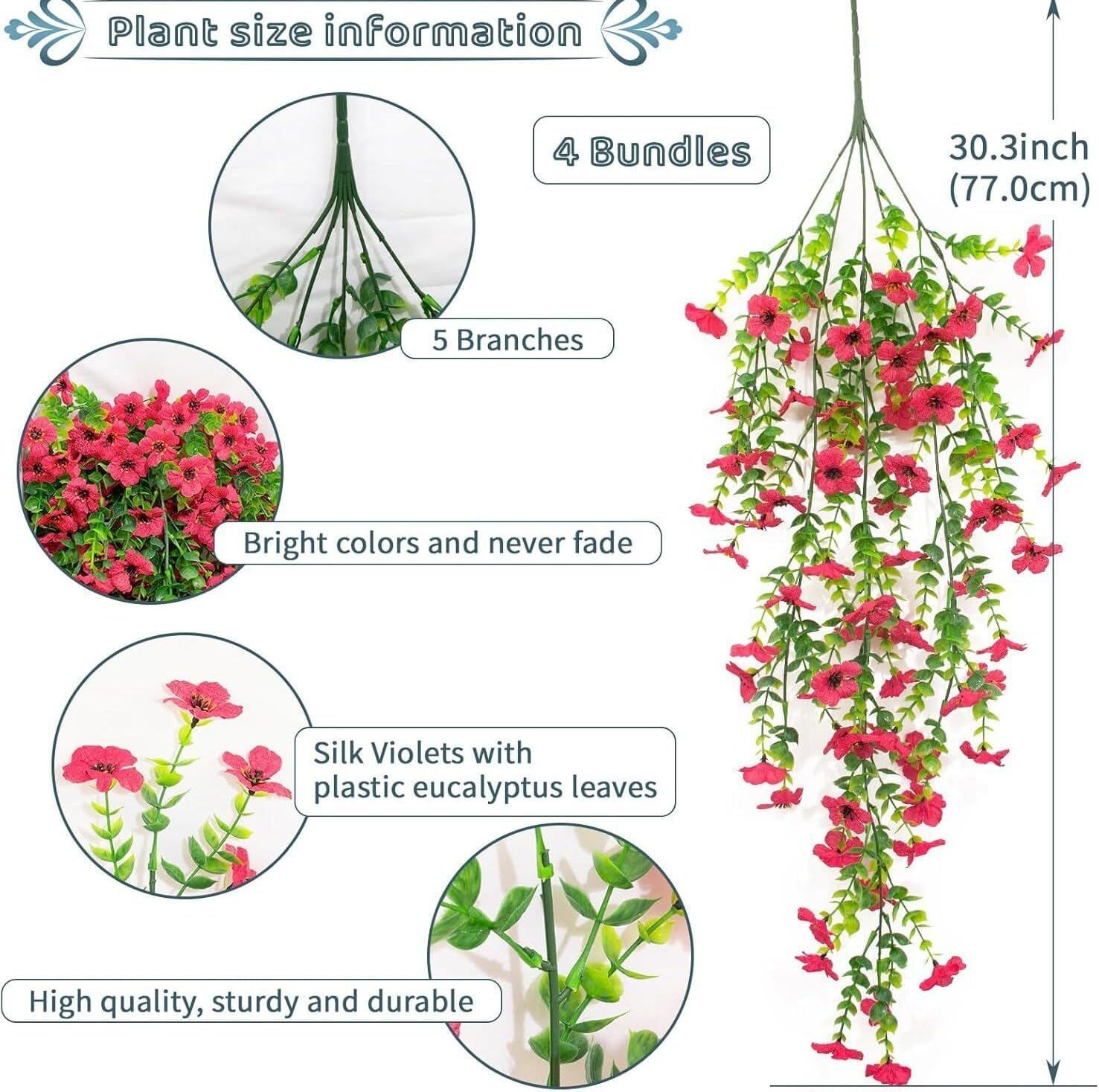 4PCS Artificial Fake Hanging Basket Plants Silk Flowers Vine Home Outdoor Decor
