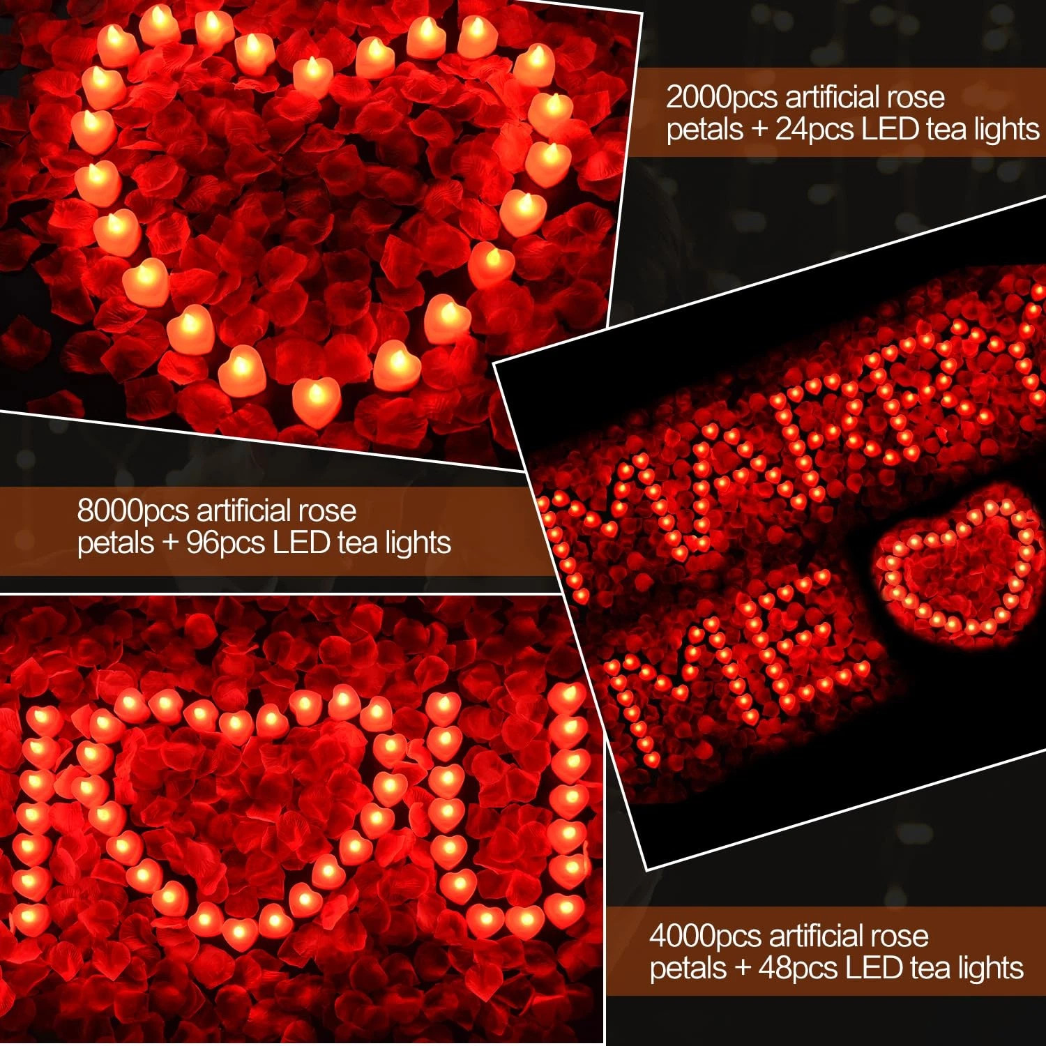 Red Artificial Rose Petals with 24Pcs Red LED Tea Lights Kit, for Home Decor
