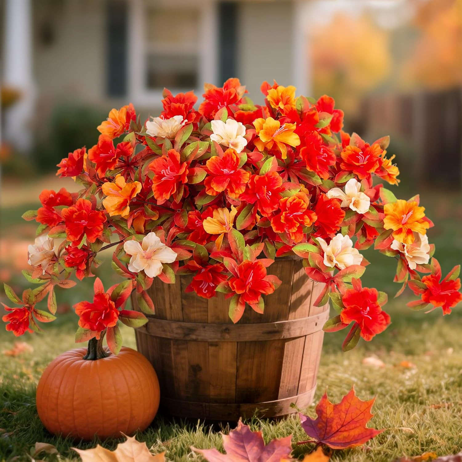 Ammyoo Artificial Fake Azalea Flowers for Outdoor Spring Decoration, Faux Silk F