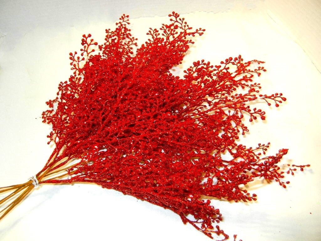 8 Artificial 21″T RED Glittered Branches BERRIES Stems Crafts Centerpiece