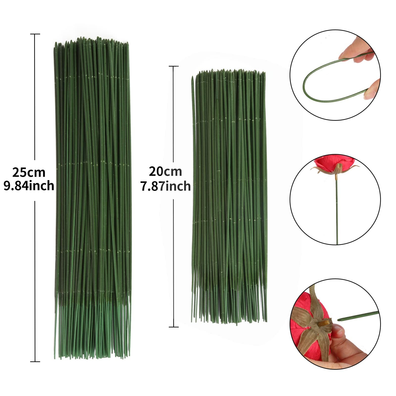 200PCS Floral Wire Stems, 7.87inch/9.84 inch Dark Green Bouquet Stems 2mm Dia…
