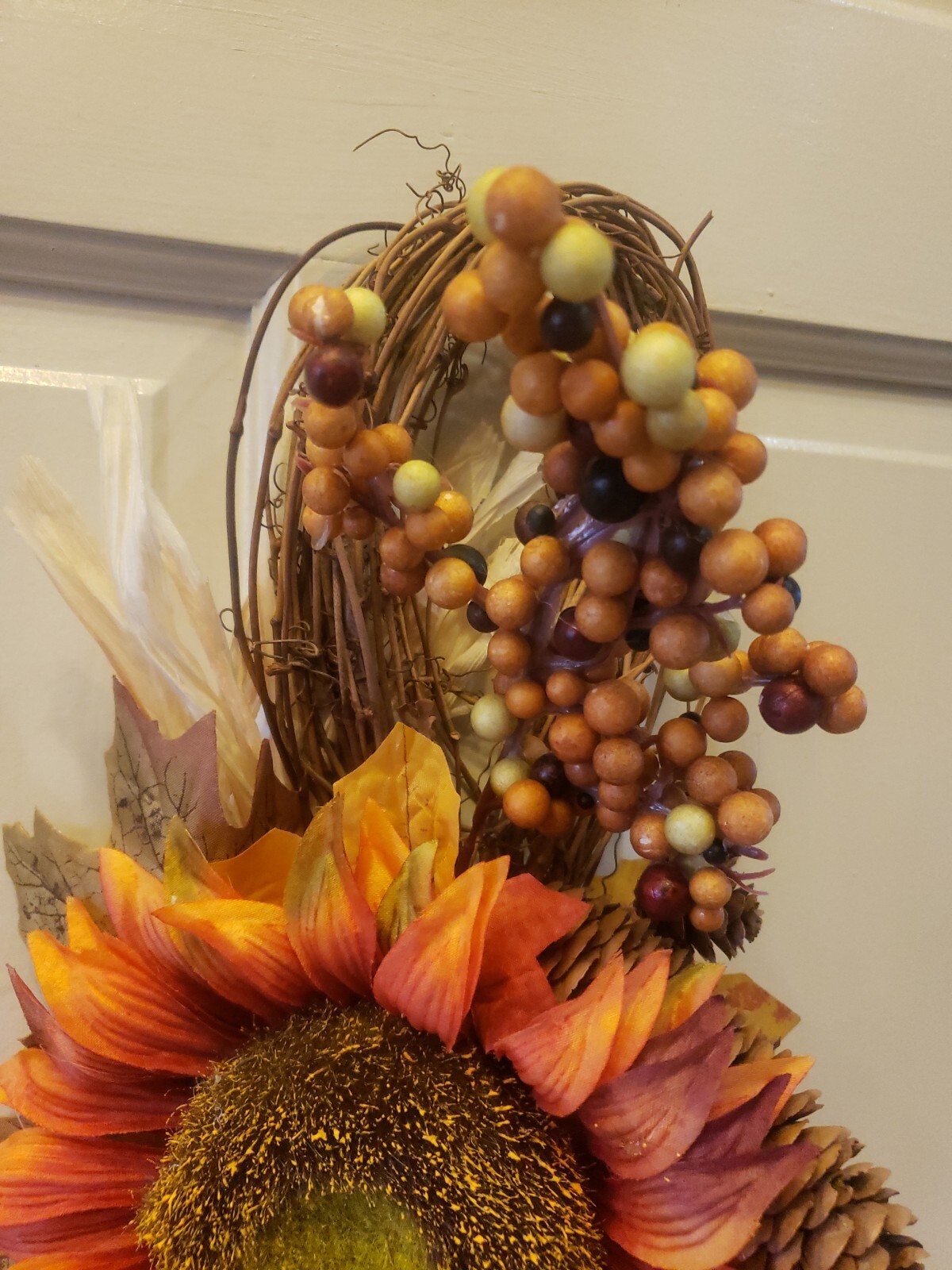 FLORAL & GRAPEVINE TEARDROP SWAG SUNFLOWER BERRIES PUMPKIN PINECONES 25″ LONG