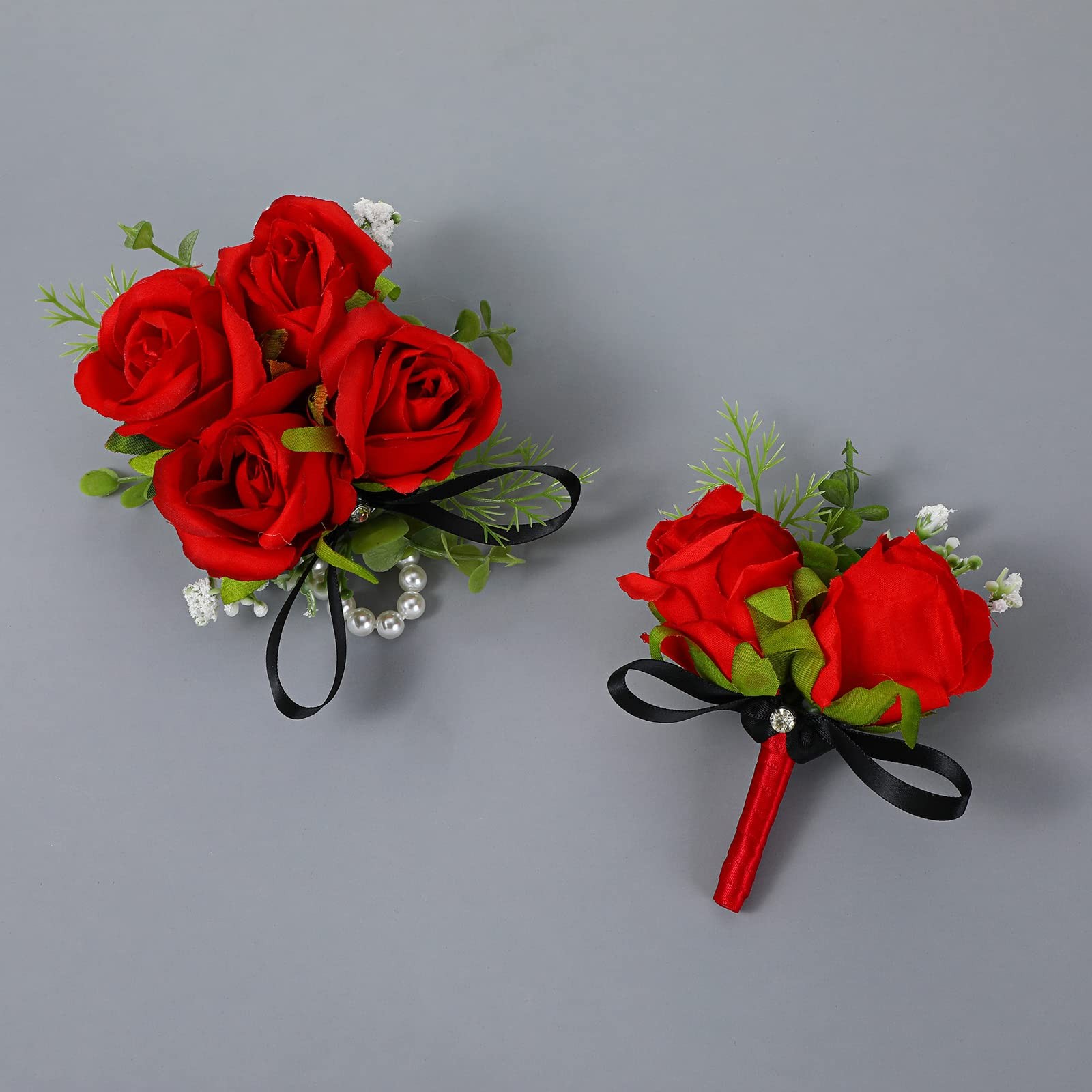 2 Pcs Boutonniere Wrist Corsage Set Artificial Rose Wine Red Corsage