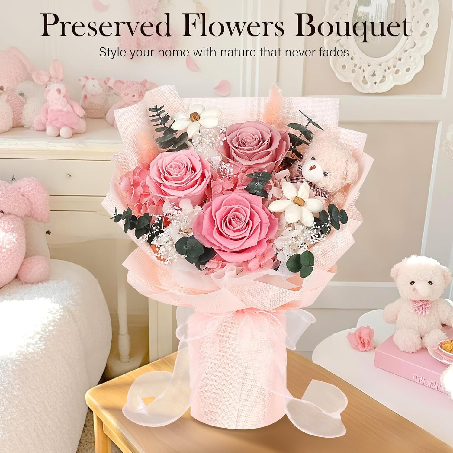 Preserved Flowers Bouquet with Bear Long Lasting Pink Roses Gift for Women
