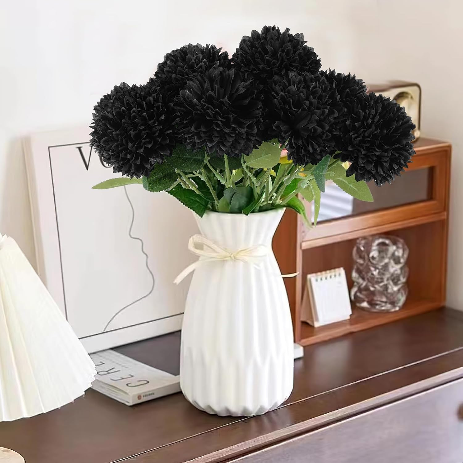 12 Pcs Artificial Chrysanthemums Flowers Ball Flower, Fake Mums Flowers Black Si