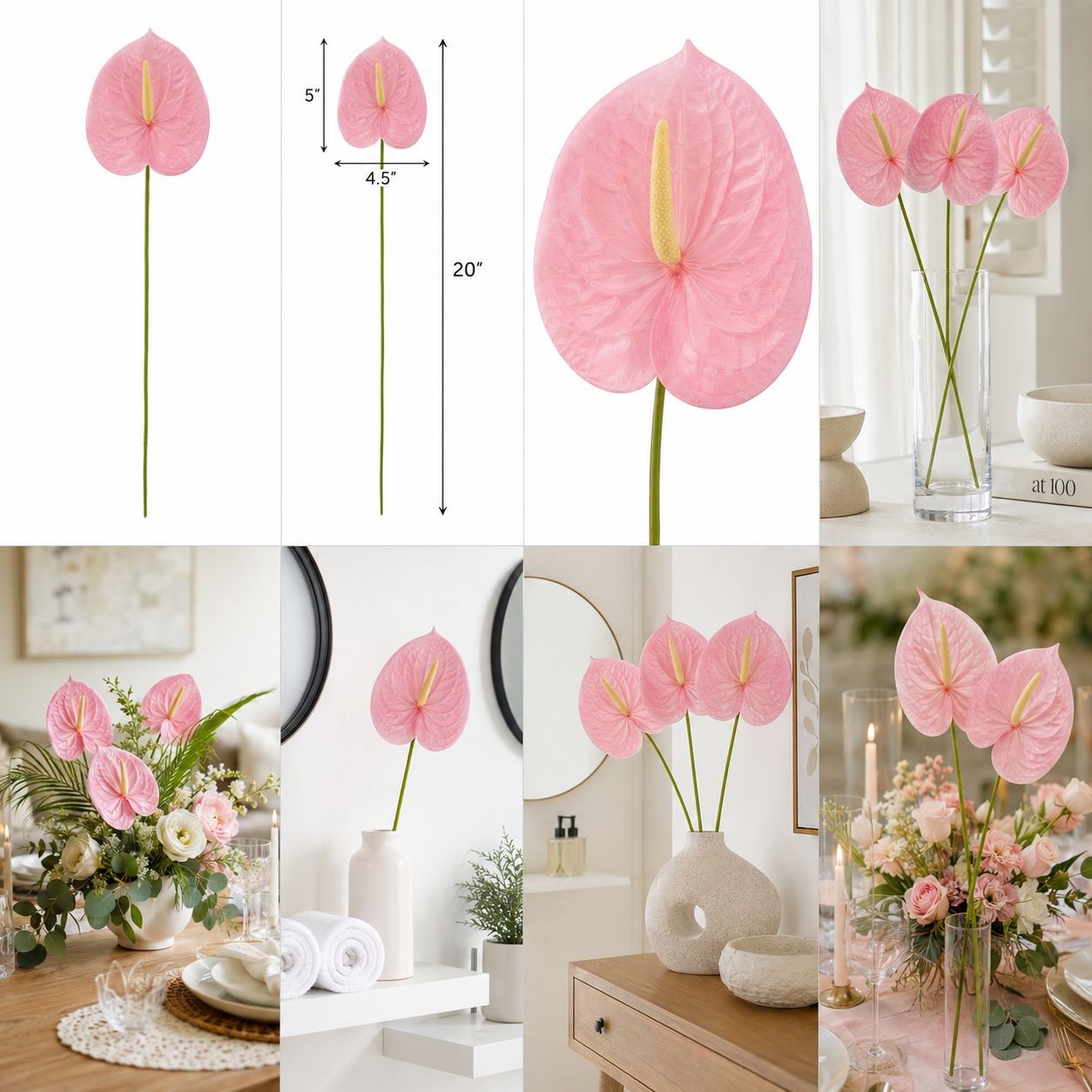 Pink Real Touch Anthurium Stem 20 Inch Faux Tropical Flower Artificial Blush Flo