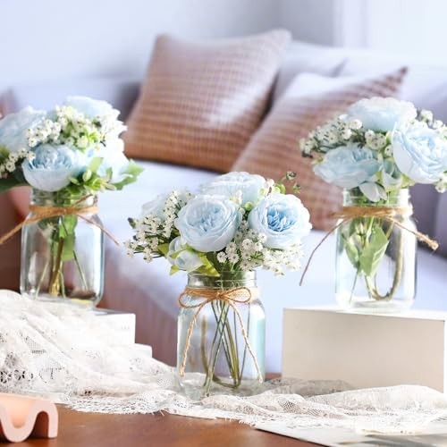 12 Sets Mason Jar Centerpiece Decor, Faux Peony & Baby’s Breath Bouquets, Rustic