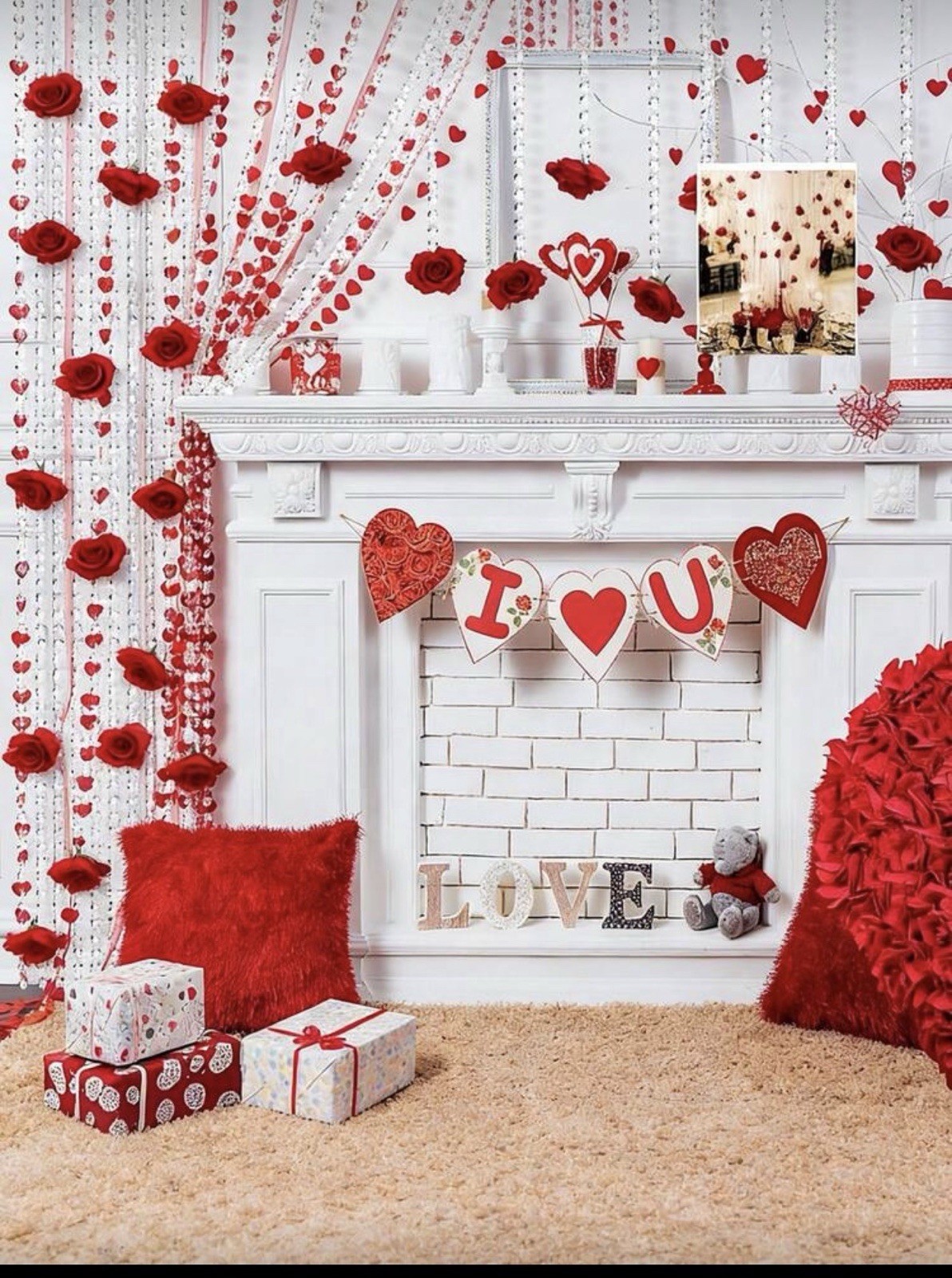 Artificial Red Rose Hanging Decor with Crystal Bead Strands, 7cm Roses 21 pcs