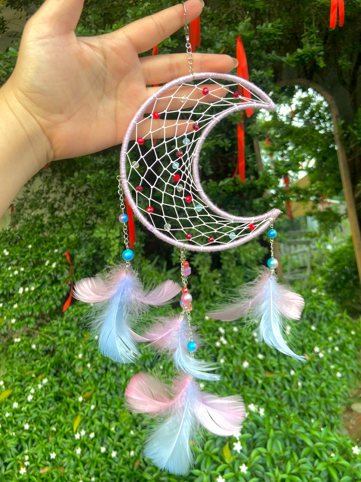 Mystical Pink Moon Dream Catcher with Tree Motifs and Delicate Stone Details
