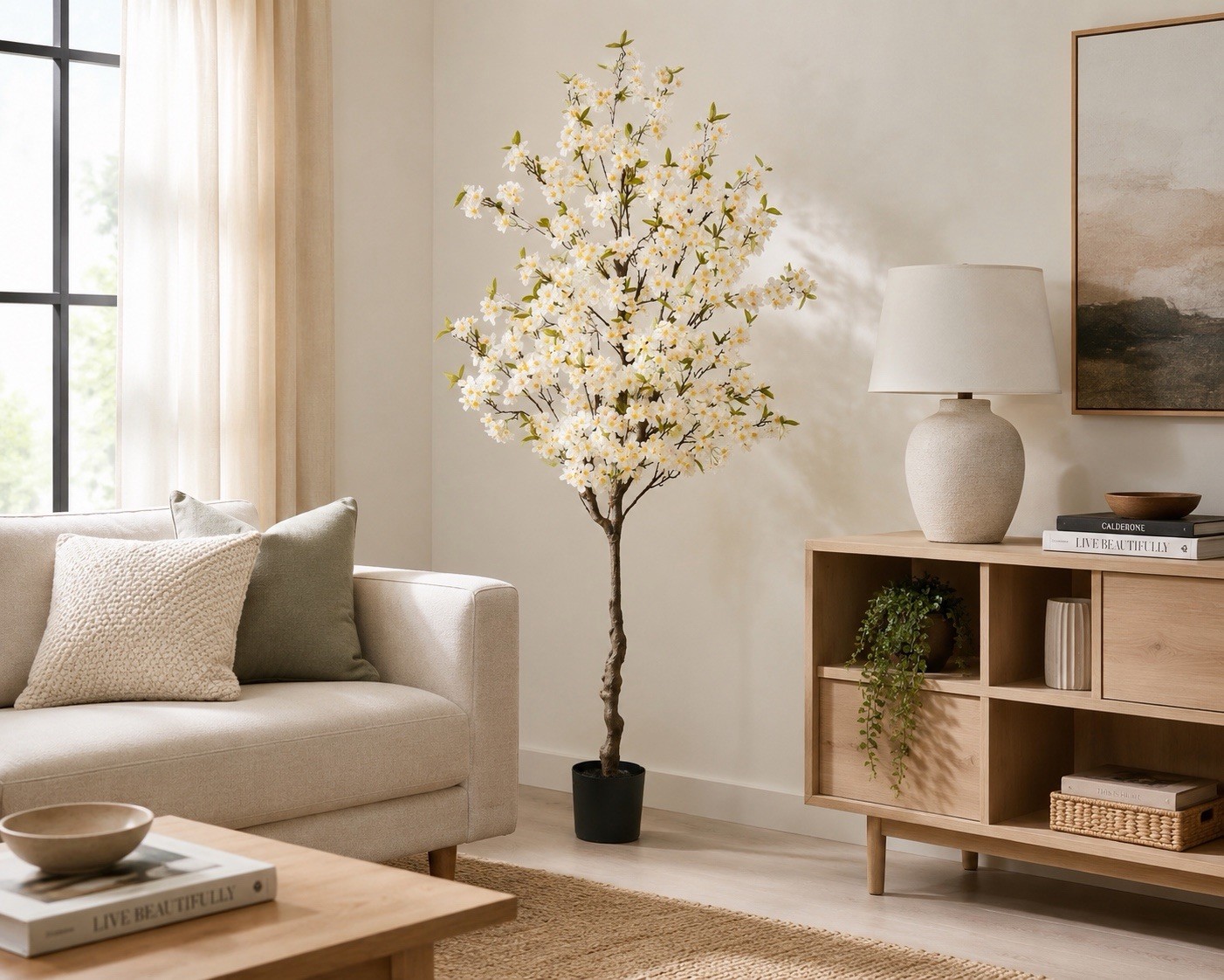 Artificial Cherry Blossom Tree in Black Pot Planter, White/Green 78″ Tall