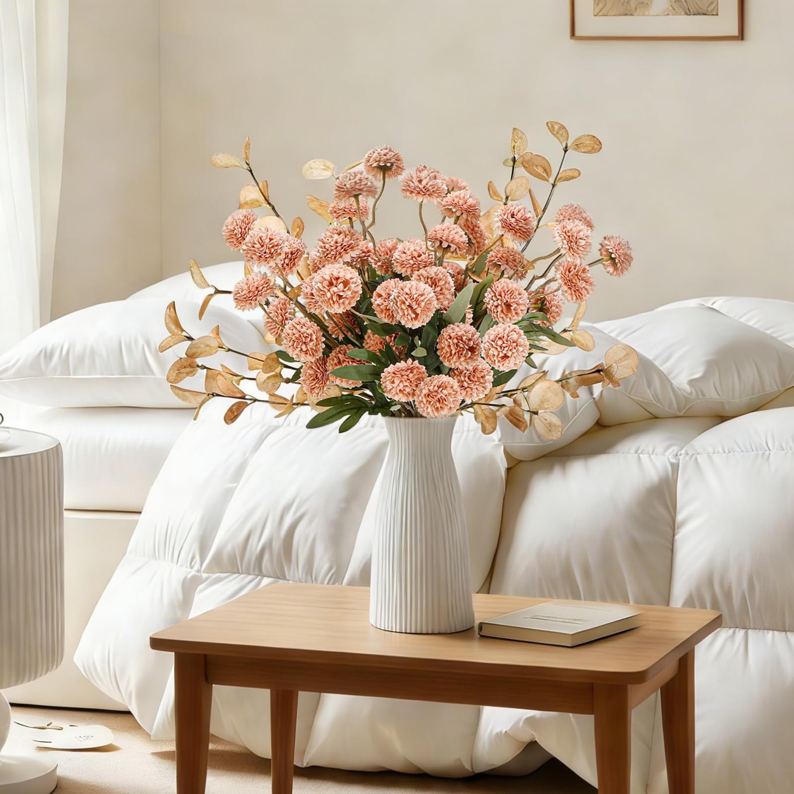 Beige Faux Silk Pompon Mums Artificial Flowers – 12 Pcs Fake Kiku Flowers Bul…