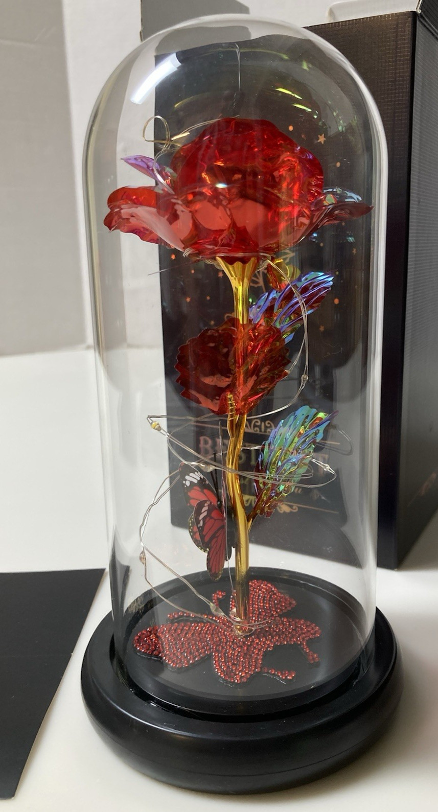 Lighted Flower & Butterfly Display Best Gift For You LED Glass Dome Red Rose New